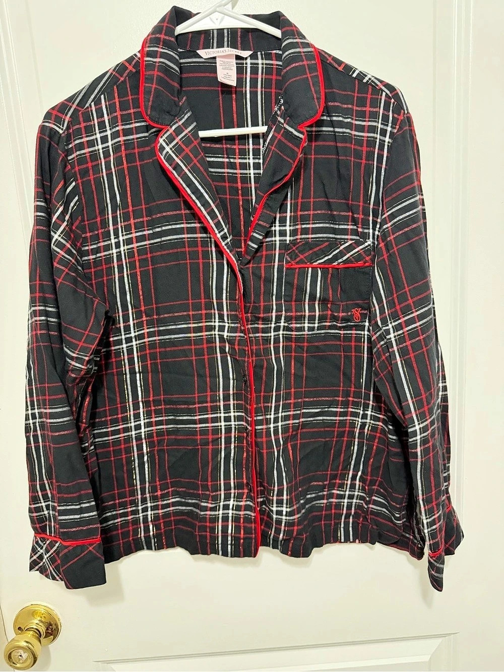 Victoria's Secret Flannel Long Pajama Set Plaid Black & Red Medium